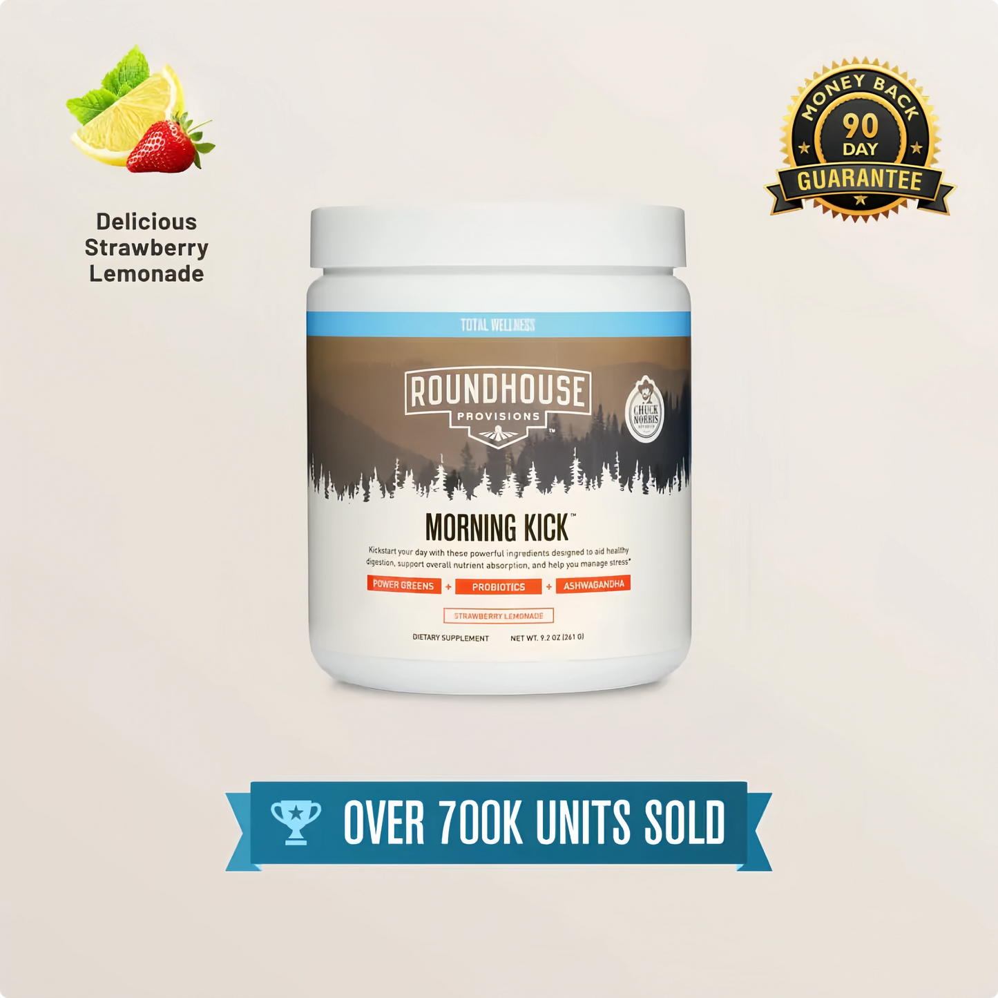 ROUNDHOUSE PROVISION Morning Kick, Zero Sugar Greens Superfood Powder Supplement with Ashwagandha, Collagen, Probiotics, Debloat Drink, 30 Servings (Strawberry Lemonade) by Chuck Norris